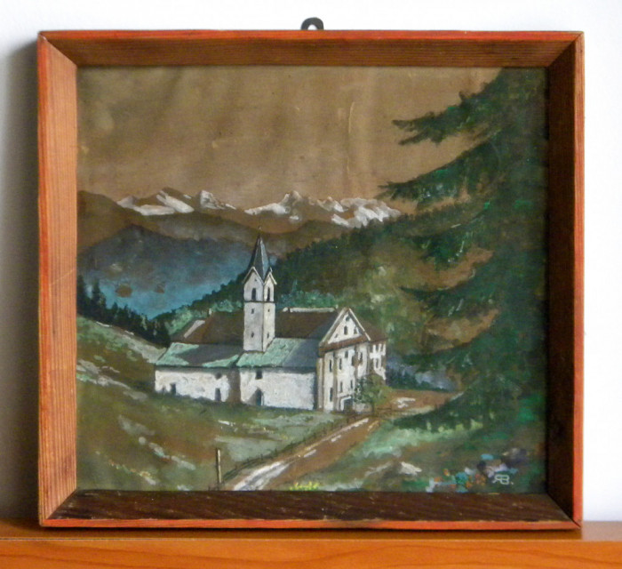 Manastire in munti - acuarela originala semnata, tablou inramat 28,5x26,5cm