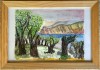 Tablou / lucrare tehnică mixtă, 34 x 24 cm, semnatura indescifrabila, rama, sticla, Peisaje, Pastel, Realism