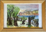 Tablou / lucrare tehnică mixtă, 34 x 24 cm, semnatura indescifrabila, rama, sticla