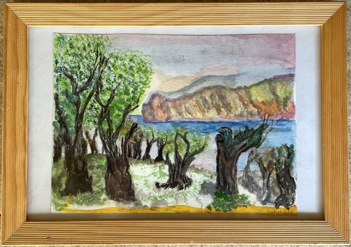Tablou / lucrare tehnică mixtă, 34 x 24 cm, semnatura indescifrabila, rama, sticla