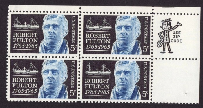 SUA 1965 - Robert Fulton, vapor, bloc de 4 neuzat