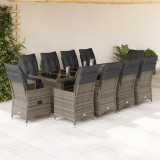 Set bistro de grădină cu perne, 11 piese, gri, poliratan