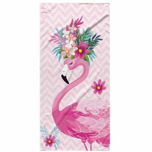 Prosop Mercaton pentru Plaja, Model Flamingo, Microfibra, Uscare Rapida, 266 g/m&sup2;, 150 x 70 cm, Roz