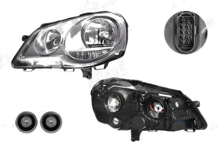 Far VW Polo Hatchback 04.2005-08.2009 TYC partea Dreapta, tip bec H1+H7, culoare rama argintiu