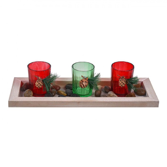 Suport Lumanari Decorativ, Multicolor, Lemn si Sticla, Set 3 Bucăți, 11.5x32cm