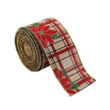 Panglica de Craciun pentru Decor Brad, Flippy, Panglica Decorativa de Craciun pentru Funde, Imprimeu Floare Rosie, 200 x 6.3 m, Khaki Rosu