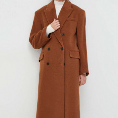 HUGO palton de lana culoarea maro, de tranzitie, cu doua randuri de nasturi
