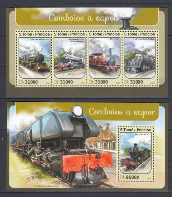 Sao Tome si Principe 2016 - LOCOMOTIVE cu ABURI - BL + KB - MNH foto