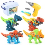 Set de Constructie Asamblare, 4 Dinozauri, cu Bormasina Electrica, Baterii 2 x AA, Surubelnita si Cutie Depozitare, 22.5 x 14.5 x 15 cm, Multicolor