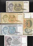 Iugoslavia 5 fete inflatie 3 x 100 + 100000 + 500000000 dinari dinara 1990-1993, Europa