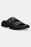 Tommy Jeans slapi de piele DOUBLE STRAP SANDAL femei, culoarea negru, cu platforma, EN0EN02753
