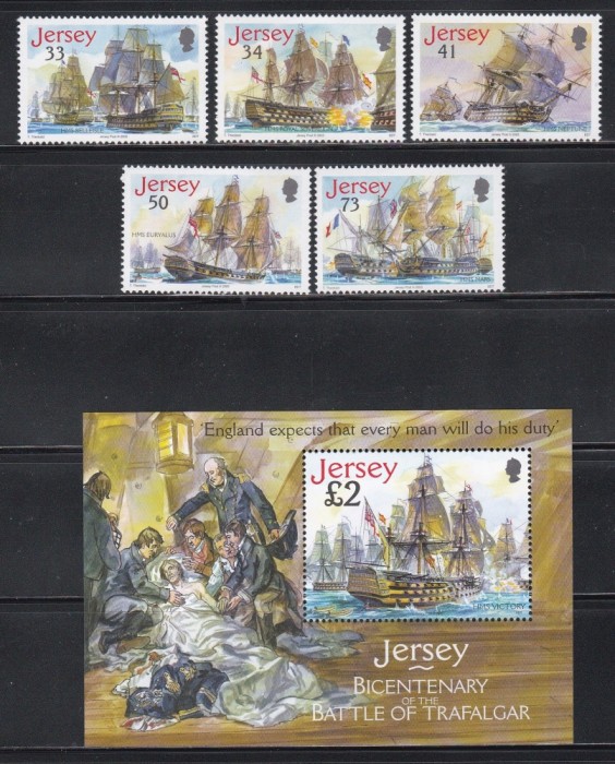 Jersey 2005 - Bicentenarul Bătăliei de la Trafalgar, Serie + Colita, MNH
