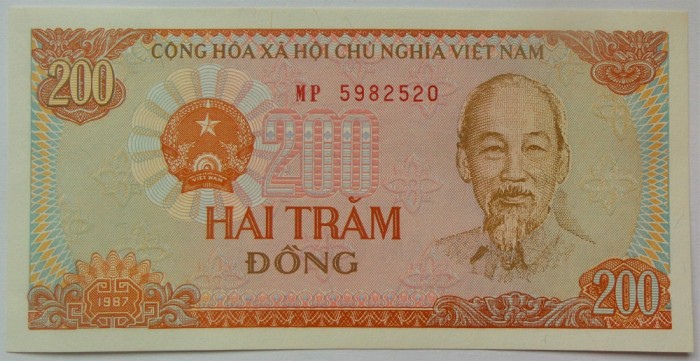 BANCNOTA COMUNISTA 200 DONG - VIETNAM, anul 1987 *cod 632 A = UNC