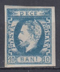 ROMANIA 1872 LP 31 e REGELE CAROL I CU BARBA 10 BANI ALBASTRU DE PRUSIA GUMA ORIGINALA SARNIERA USOR PLIU VERSO foto