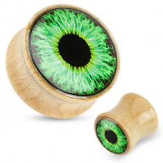 Dop pentru urechi din lemn - culoare maro deschis, glazură transparentă, ochi verzi - Lățime: 12 mm