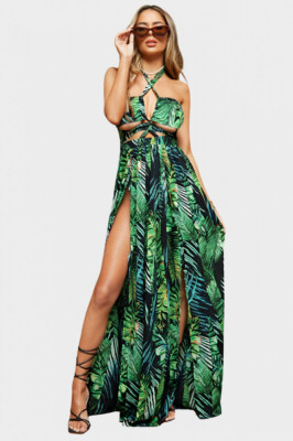 Rochie boho lunga maxi de vara cu imprimeu tropical, crapatura pe picior, spatele gol, decupaje in zona bustului, prindere dupa gat si barete ajustabi foto