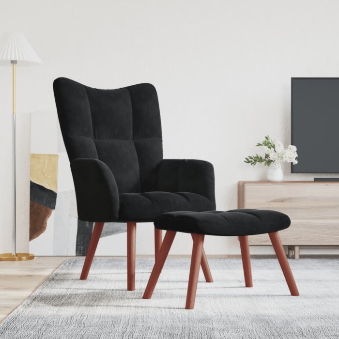 Gossi scaun de relaxare cu taburet, negru, catifea