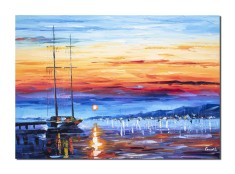 Tablou peisaj marin pictat manual, In zori, 70x50cm ulei pe panza in cutit efect 3D, Spectaculos foto