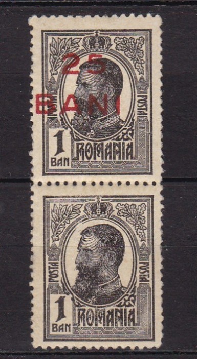 ROMANIA 1918 LP 70 I REGELE CAROL I TIPOGRAFIATE SUPRATIPAR 25 B EROARE PERECHE UN TIMBRU CU SUPRATIPAR UN TIMBRU FARA SUPRATIPAR(FOARTE RAR)STARE MNH