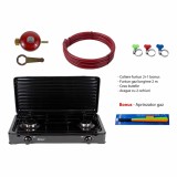 Pachet aragaz 2 ochiuri, 58x29 cm. (ceas pentru butelie, 2 m furtun pentru gaz, 3 coliere pentru furtun, aprinzator, culoare: negru) cod: ZLN 0025B_N