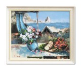 Cumpara ieftin Tablou peisaj de pe terasa pictat manual inramat, O zi minunata, 70x60cm ulei pe panza, Geo Ungureanu