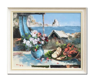 Tablou peisaj de pe terasa pictat manual inramat, O zi minunata, 70x60cm ulei pe panza, Geo Ungureanu foto