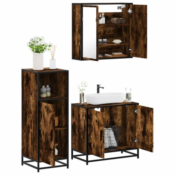 Gossi set mobilier de baie, 3 piese, stejar fumuriu, lemn prelucrat