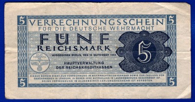 (3) BANCNOTA (CERTIF COMPENSARE) GERMANIA - 5 REICHSMARK 1944, TRUPELE WEHRMACHT foto