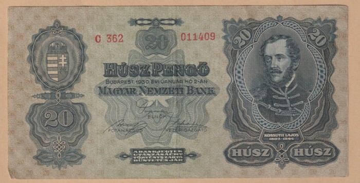 (7) BANCNOTA UNGARIA - 20 PENGO 1930 (2 IANUARIE 1930), PORTRET LAJOS KOSSUTH