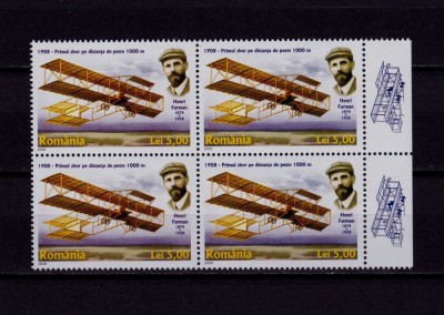 ✅RO 2008 LP 1793 &amp;quot;Aviatie-100 ani primul zbor 1000m&amp;quot;,bloc 4+2 tabs(st./dr.!),MNH foto