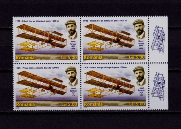 ✅RO 2008 LP 1793 &quot;Aviatie-100 ani primul zbor 1000m&quot;,bloc 4+2 tabs(st./dr.!),MNH
