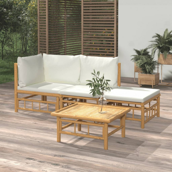 Set mobilier de gradina, cu perne alb crem, 4 piese, bambus GartenMobel Dekor