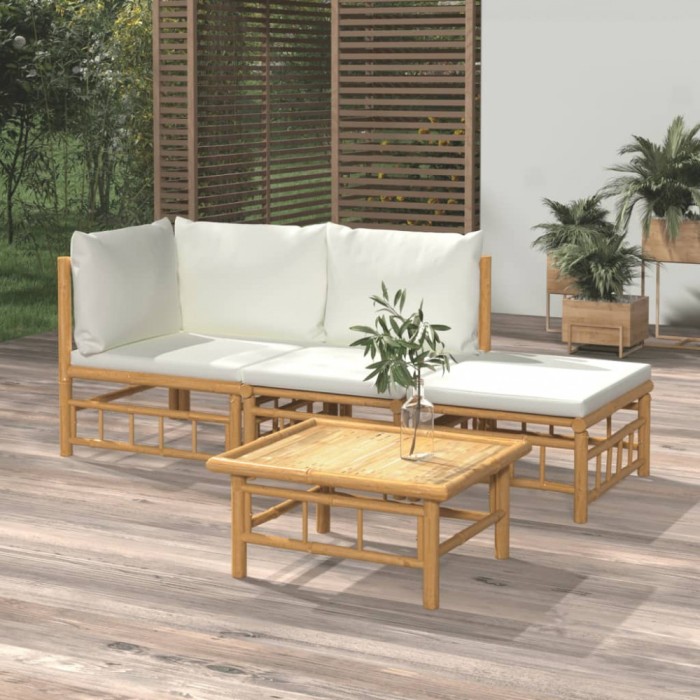 vidaXL Set mobilier de grădină, cu perne alb crem, 4 piese, bambus 3155176