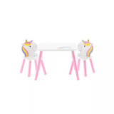 Set mobilier copii, model ponei si curcubeu, alb-roz, lemn + MDF, 55x55x43 cm, Chomik