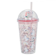 Pahar Plastic cu Capac și Pai, Unicorn, Roz, Capacitate 475ml