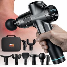 Aparat pentru Masaj Profesional Tip Pistol Linomag&reg;, 8 Capete de Schimb, 30 de Viteze, 2800rpm, 2000mAh, Autonomie 6h, Motor 30W Silentios, Ecran Touc