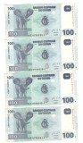 4 x Bancnota Congo 100 francs/franci 30 iunie 2013, serie consecutiva, prefix ME, aUNC
