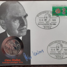 GERMANIA - FDC SI MONEDA 5 MARK 1979, LIT G, 100 ANI OTTO HAHN, MONEDA UNC