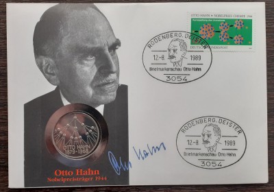 GERMANIA - FDC SI MONEDA 5 MARK 1979, LIT G, 100 ANI OTTO HAHN, MONEDA UNC foto