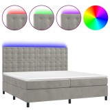 Cumpara ieftin Pat cu arcuri, saltea si LED, gri deschis, 200x200 cm, catifea