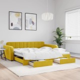 VidaXL Pat de zi cu extensie și sertare, galben, 100x200 cm, catifea