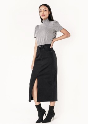 Fusta neagra de denim cu slit frontal P215 M10 foto