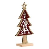 Decoratiune Craciun Lemn Brad Rosu cu Detalii Glitter Auriu, Suport Stabil, 10x4x19cm, Brand Oem
