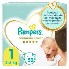 Scutece Premium Care Newborn, Pampers, Marime 1, 2-5 kg, 52 buc