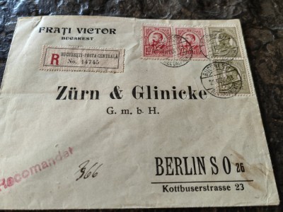 Plic circulat 1912,Bucuresti- Berlin, Fratii Victor, sigiliu, 50 bani, gravate foto