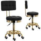 Taburet cosmetic cu spătar, scaun de coafor negru rotativ pentru salon.