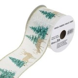 Panglica decorativa de Craciun cu brazi si reni, ecru cu glitter, 5m x 65mm, CMCLASS