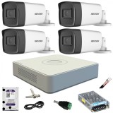 Sistem complet 4 camere supraveghere exterior 5MP TurboHD Hikvision IR 40M DVR 4 canale sursa alimentare accesorii + hard 4TB SafetyGuard Surveillance