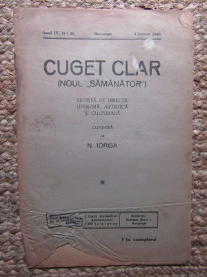 Revista - Cuget Clar - Noul Semanator - condusa de N. Iorga - ANUL IV NR. 26 4 IANUARIE 1940 foto