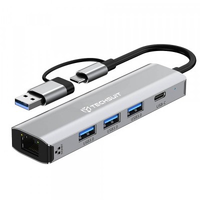 Hub USB / USB-C Techsuit H3 BoostNetLink, 5in1, Gri foto